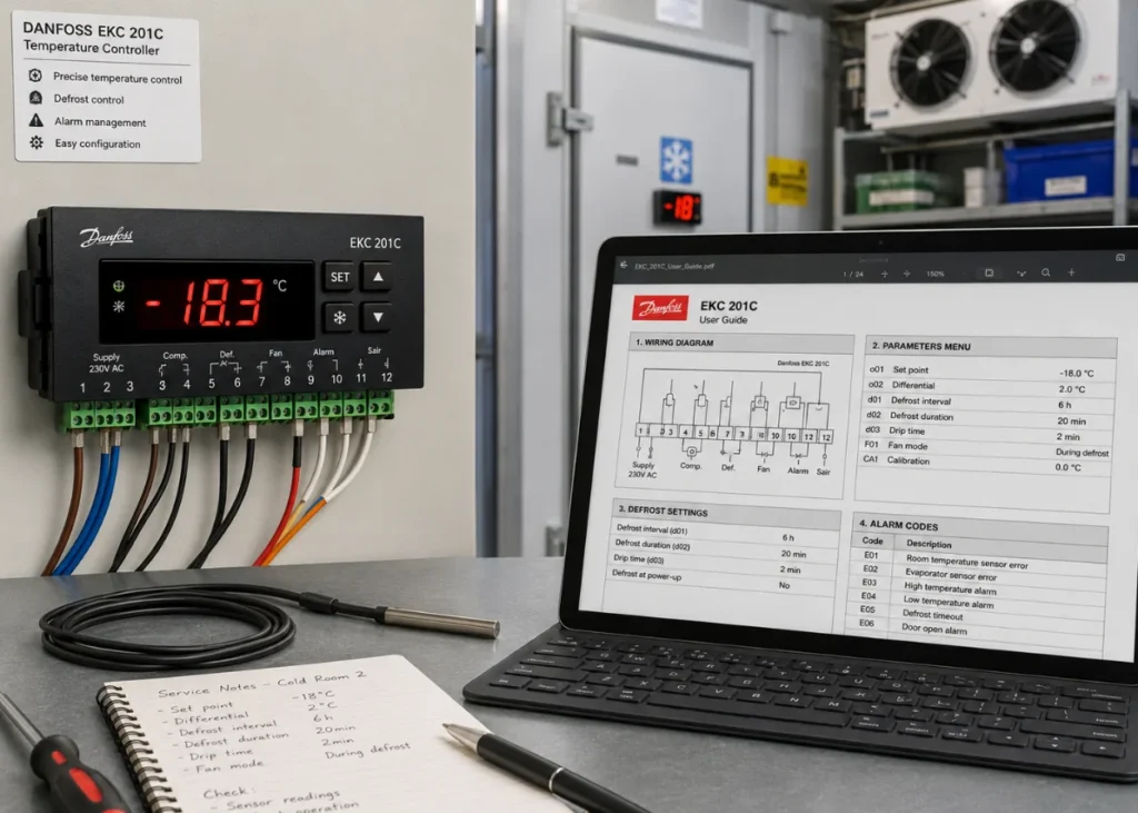 Danfoss EKC 201C Temperature Controller How to Use the Manual for Refrigeration Setup, Defrost Control, and Alarm Troubleshooting