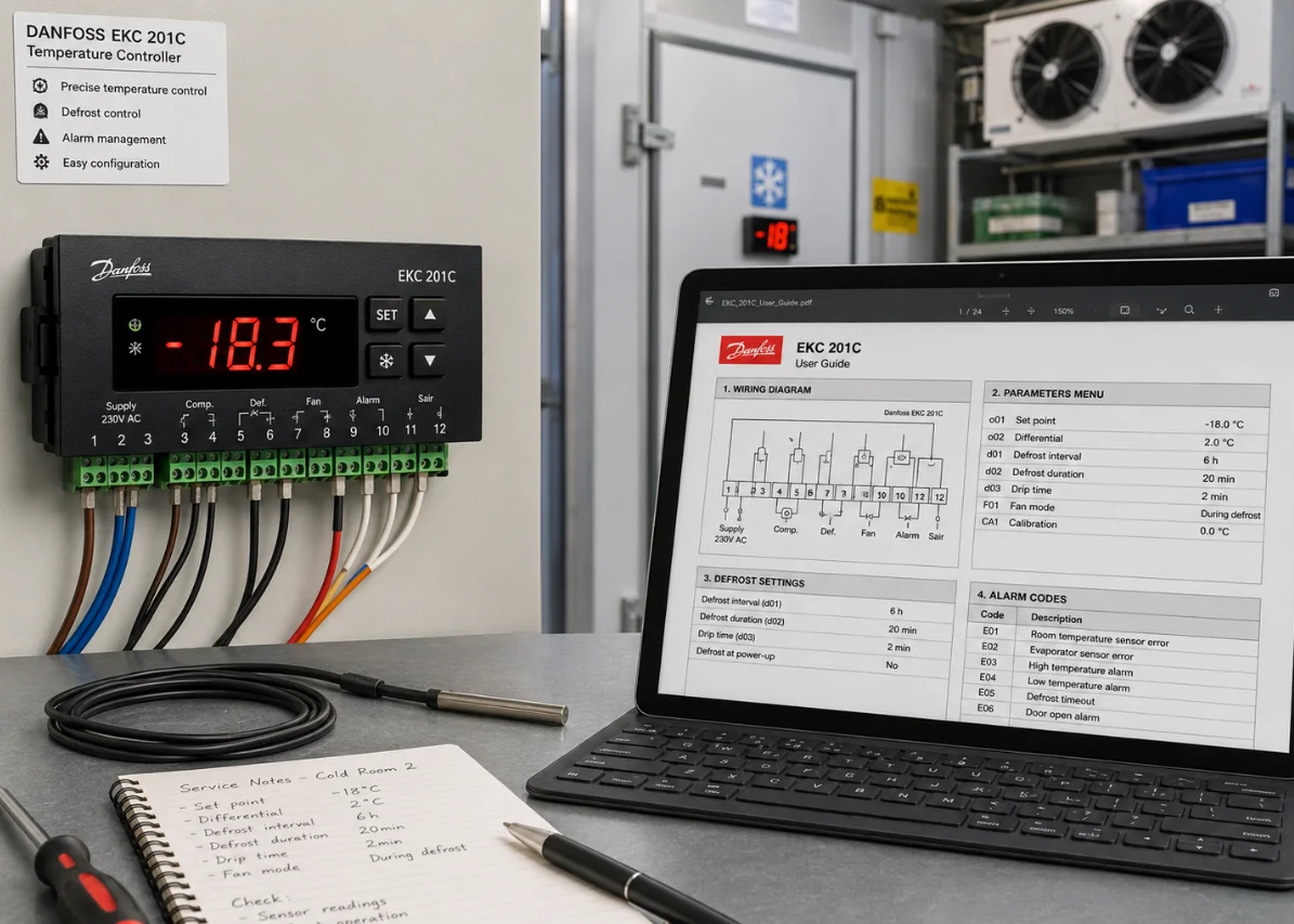 Danfoss EKC 201C Temperature Controller: How to Use the Manual for Refrigeration Setup, Defrost Control, and Alarm Troubleshooting